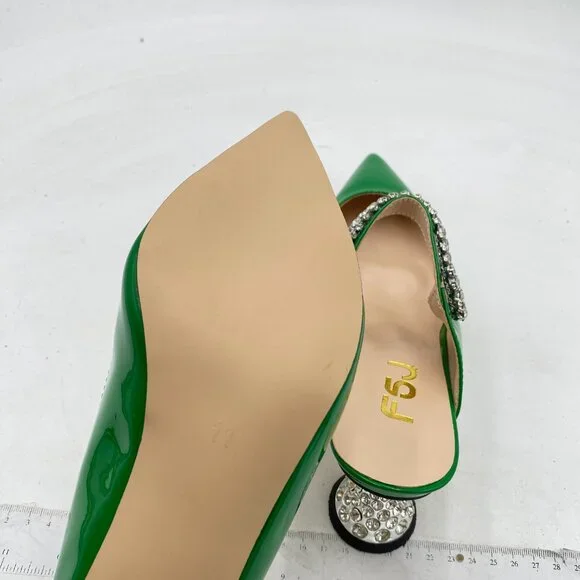 FSJ Emerald Rhinestone Cone Low Heel Mule Pointed Toe One Strap Slip On Sandals - Picture 6 of 8